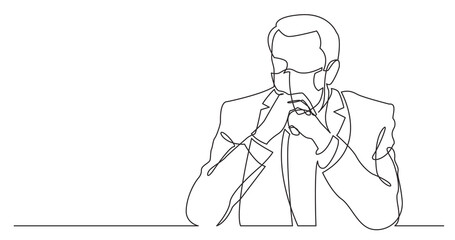 continuous line drawing of seriously thinking man wearing face mask