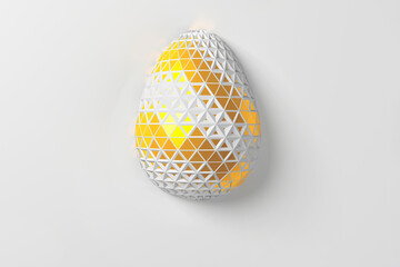 Easter concept. One single white golden egg with geometric original changing patterns on the surface on a white background. 3d illustration
