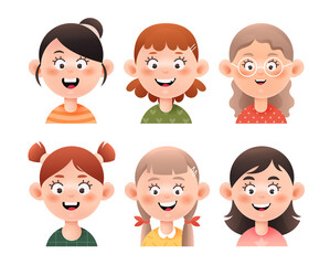Set of little girls avatars. Smiling faces of  girls with different hairstyles. Colorful cartoon vector illustration isolated on white background