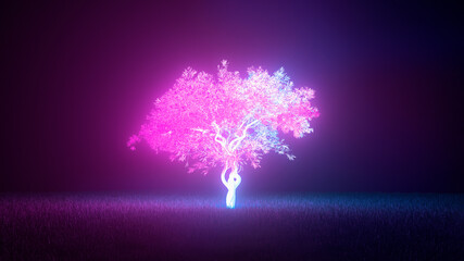 Concept art on the theme of mysticism, fantasy and pollution of nature and radiation waste. Glowing neon pink and blue tree lights on a dark background. 3d illustration