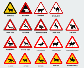 Set of triangle warning signs of animal. Aware and caution vector template. Eps 10