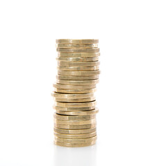 A pile of euro coins on a white background