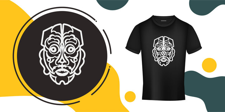 Face from Polynesian patterns. Tiki mask in Hawaiian style. Suitable for prints, t-shirts, phone cases and tattoos. Vector illustration.