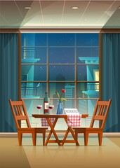 Vector cartoon style illustration of romantic evening background in a beautiful restaurant with couple table and set up with wine glasses and bottle and reserve sign.