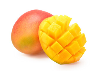 Mango ripe yellow red with cutted slices isolated on white