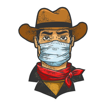 gangster cowboy in medical mask color sketch engraving vector illustration. T-shirt apparel print design. Scratch board imitation. Black and white hand drawn image.