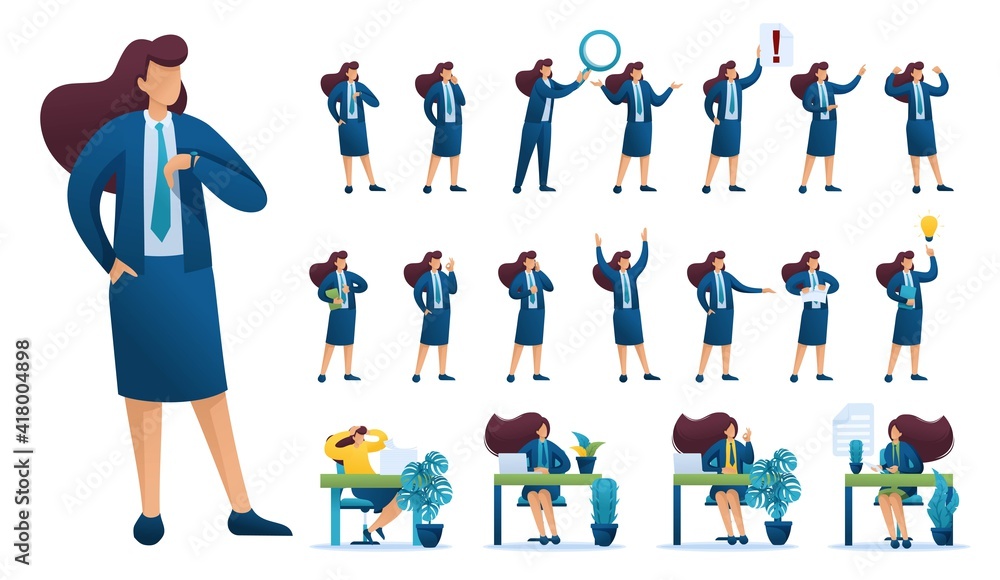 Poster set of businesswoman. presentation in various in various poses and actions. 2d flat character vector