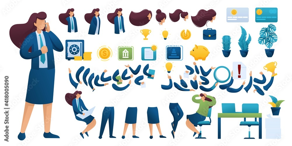 Poster constructor for creating a businesswoman. create your own businesswoman character with a set of hand