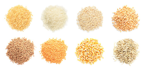 Different cereals on white background