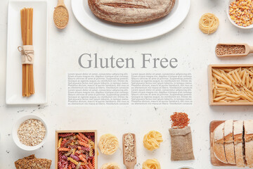 Frame made of gluten free products on light background with space for text