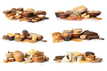 Different cereals and products on white background