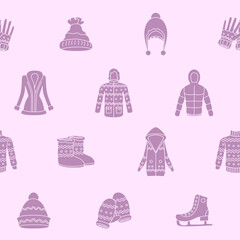 Winter clothing - Vector background (seamless pattern) of silhouettes scarf, cap, jacket, sweater, coat, mitten, and other clothes for graphic design