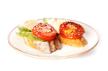 Plate with fresh tasty bruschettas on white background