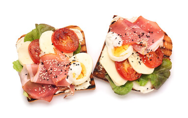 Fresh tasty bruschettas on white background