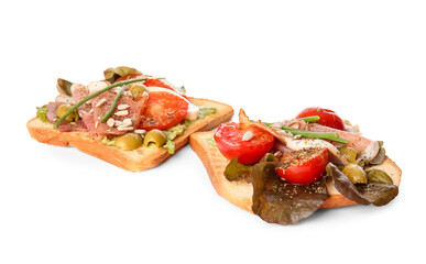 Fresh tasty bruschettas on white background