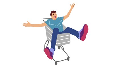 Fototapeta na wymiar Shopping people vector concepts. Flat design. Characters with trolley. Pleasure of purchase. For sales and discounts