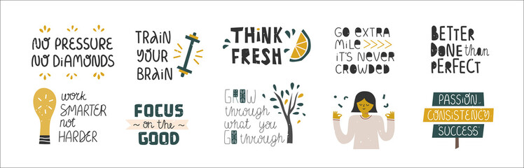 Set of cute inspirational clip art quotes.