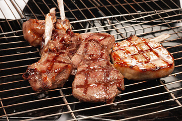 Meat with a bone cooked on the grill with a grill rack