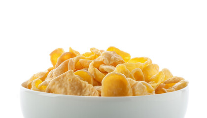 Bowl with tasty cornflakes on white background