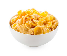 Bowl with tasty cornflakes on white background