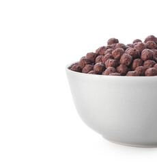Bowl with chocolate corn balls on white background, closeup