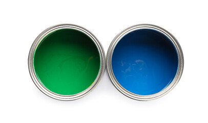 Cans of paints on white background