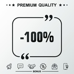 100 percent off icon. Text inside quote symbol