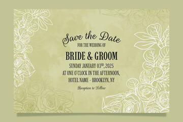 Elegant wedding invitation template set with floral leaves border decoration