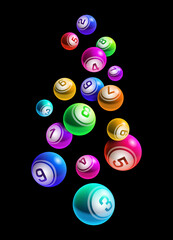 Falling Colorful Lottery Bingo Balls From 1 to 9 Isolated on Black Background