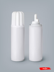 Whipped cream bottle cans on gray background. 3d realistic vector illustration of sweet dairy product. Mockup of whipped cream package.