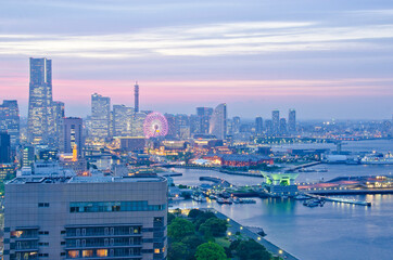The aerial view at Minato Mirai waterfront district in Yokohama, Kanagawa prefecture, Japan.