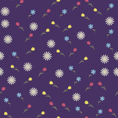 A pattern of colorful spring flowers on a dark purple background