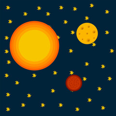 Naklejka premium Planets of the solar system. Vector-drawn illustrations of planets in space. Cartoon Sun, Mars and Moon in a circle of stars. Beautiful pictures for the children's room. Vector illustration