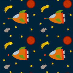 Background of Rockets and stars. Bright rockets in a circle of stars. Cartoon solar system space mode of transport. A pattern for children's star wars textiles and sleep. Vector illustration