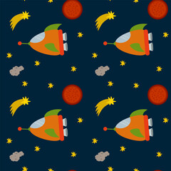 Background of Rockets and stars. Bright rockets in a circle of stars. Cartoon solar system space mode of transport. A pattern for children's star wars textiles and sleep. Vector illustration