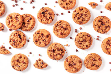 Chocolate chip cookies, overhead flat lay shot on a white background - Powered by Adobe