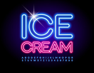 Vector delicious Emblem Ice Cream. Neon glowing Alphabet Letters and Numbers set. Bright Electric Font. 
