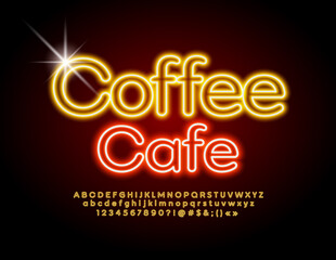 Vector neon logo Coffee Cafe. Bright electric Font. Glowing light Alphabet Letters and Numbers set