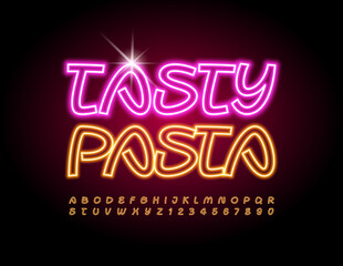 Vector trendy sign Tasty Pasta. Neon creative Font. Illuminated Alphabet Letters and Numbers set