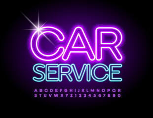 Obraz premium Vector industrial sign Car Service. Glowing bright Font. Neon Alphabet Letters and Numbers set