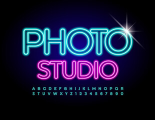 Fototapeta na wymiar Vector glowing sign Photo Studio. Electric light Font. Blue Neon Alphabet Letters and Numbers set