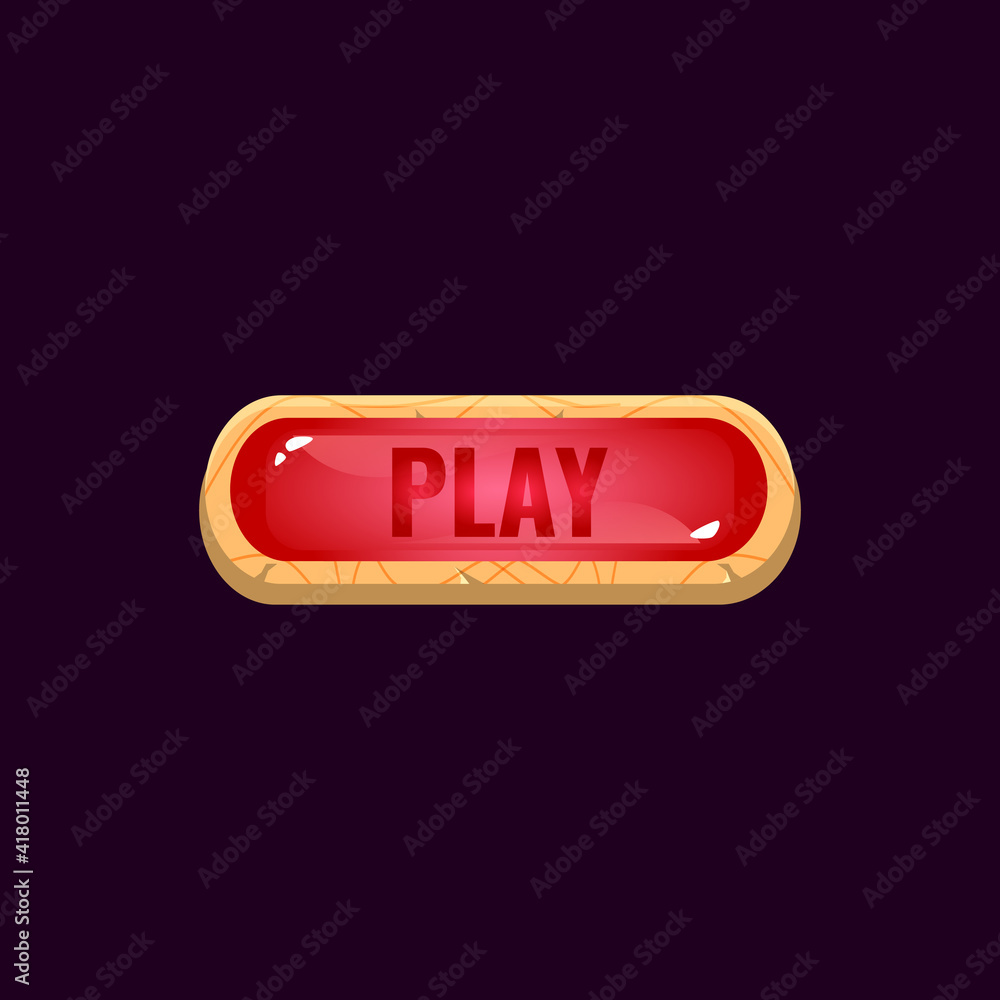 Poster game ui rounded jelly play button with wooden border for gui asset elements vector illustration