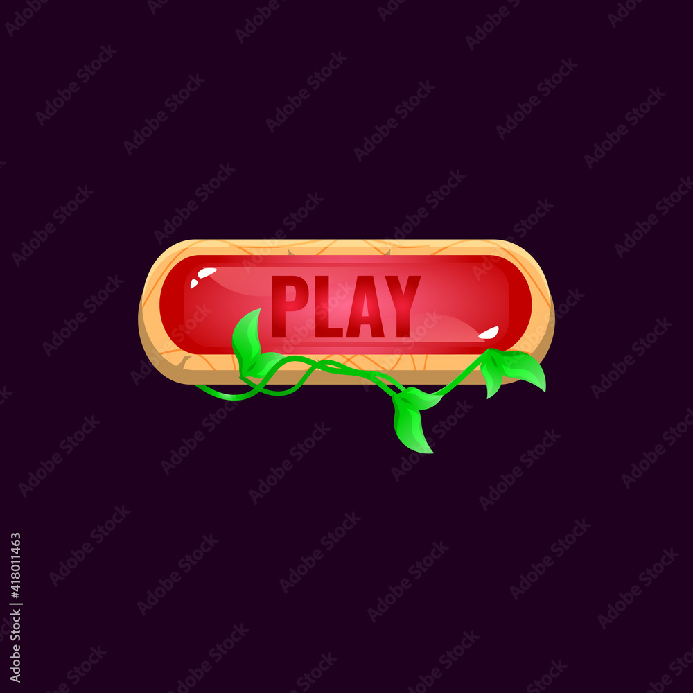 Poster game ui rounded jelly play button with wooden leaves border for gui asset elements vector illustrati