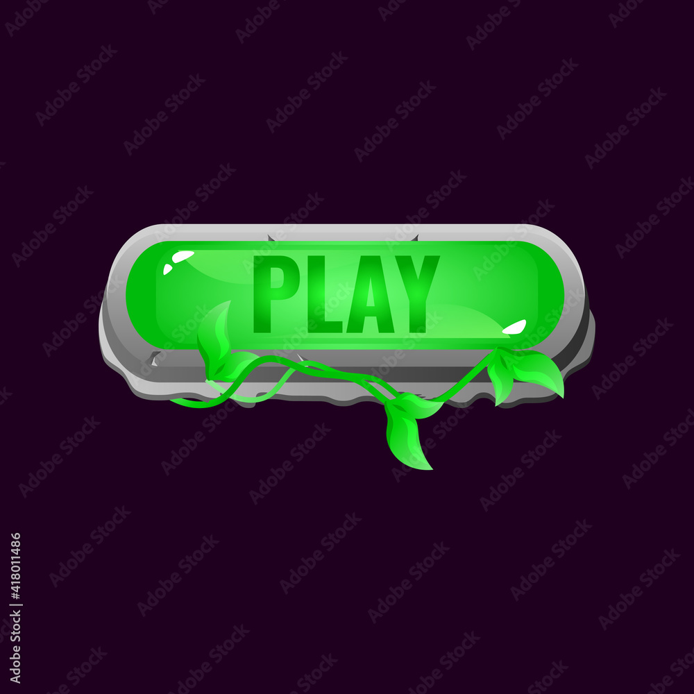 Poster game ui rounded jelly play button with stone leaves border for gui asset elements vector illustratio