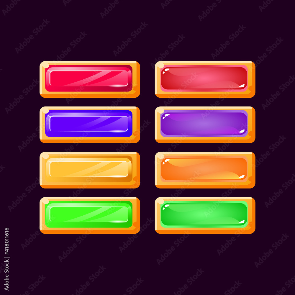 Poster set of game ui casual yellow diamond and jelly colorful button for gui asset elements vector illustr