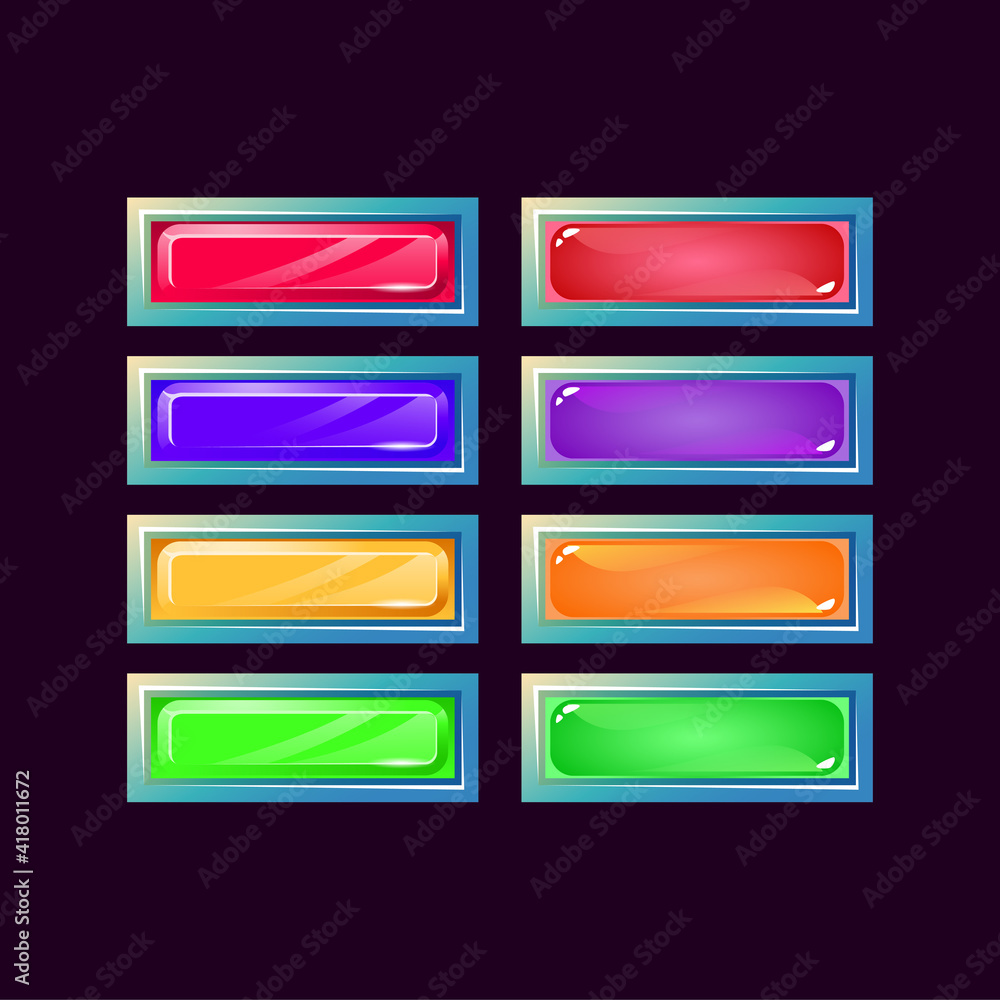 Poster set of game ui glossy fantasy diamond and jelly colorful button for gui asset elements vector illust