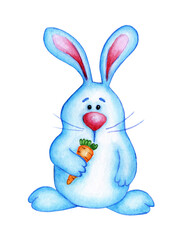 Watercolor illustration of a cute Easter bunny holding a carrot in its paws. Cartoon character blue hare with a big nose. Easter, tradition, religion. Isolated on white background.