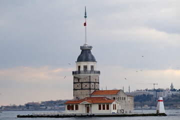 City of istanbul during overcast weather with seagulls with huge mosques and minarets and galata...