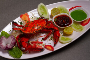 Tandoori crab Indian starter or main meal dish, stock photo