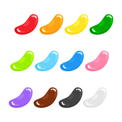 12 Jelly beans gummy sweet candies set with amazing flavor flat style design vector illustration. Bright colorful jelly delicious sweets candy collection isolated on white background.